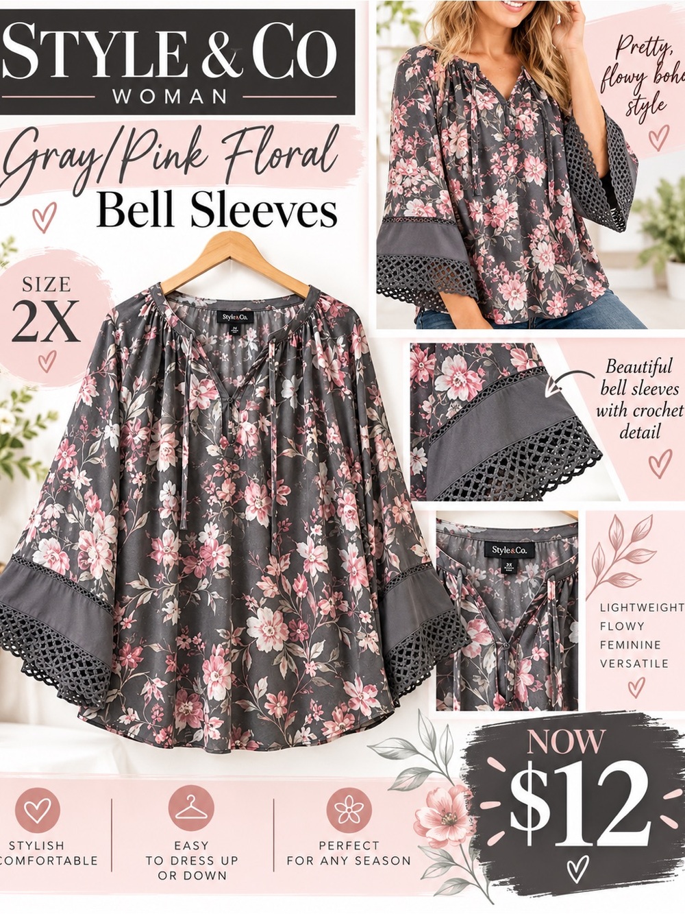 Style & Co Woman 2X Gray Pink Floral Bell Sleeve Blouse